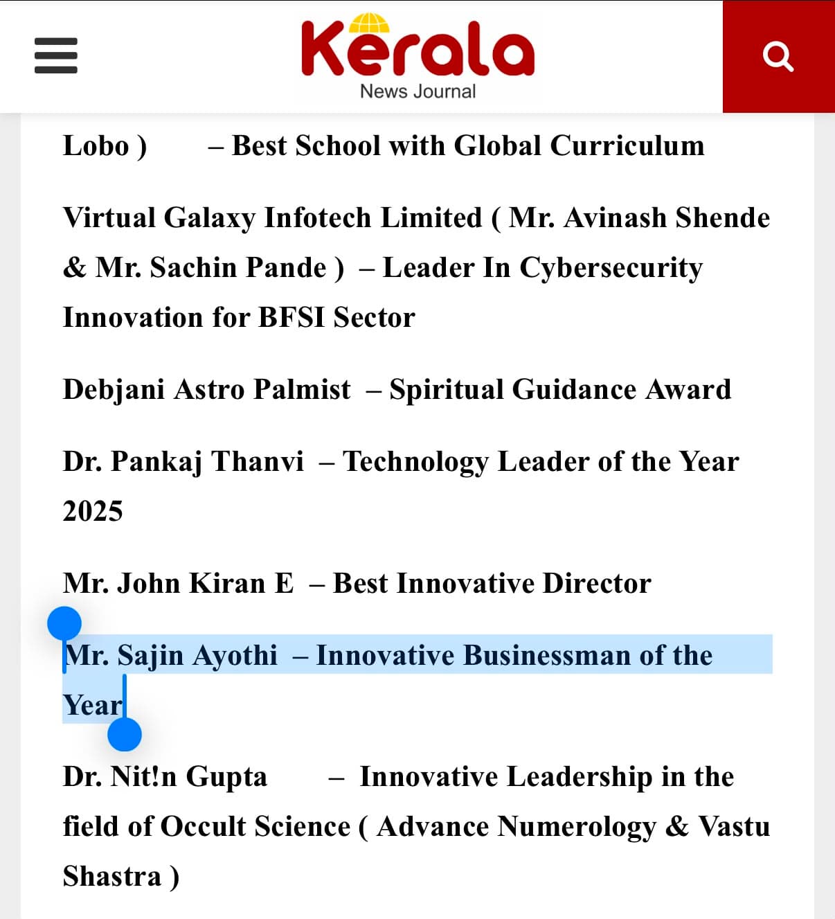 Mr. Sajin Ayothi — Innovative Businessman of the Year