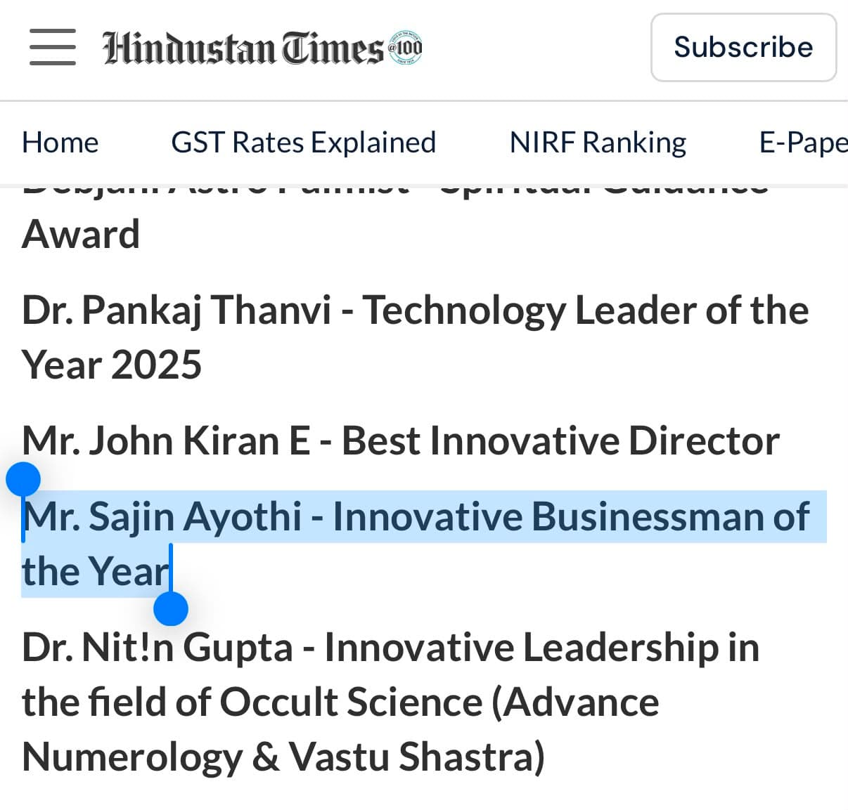 Hindustan Times features SARA Construction leadership