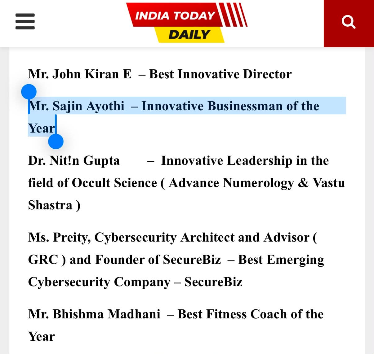 India Today Daily — Innovative Businessman of the Year